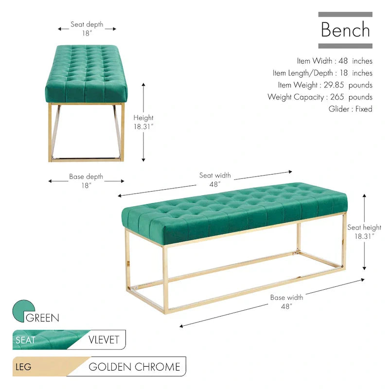 Banc en Velours Tufté Porthos Home Wenn avec Pieds en Chrome Doré