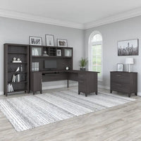 Bureau d'angle en L Somerset 72W avec huche, armoire et bibliothèque en gris