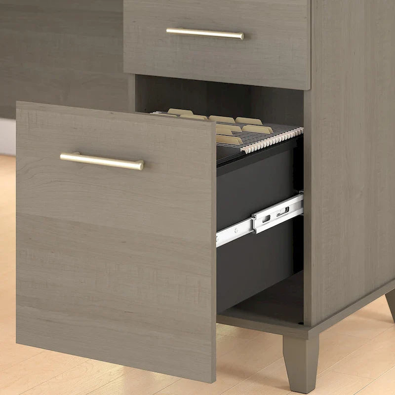 Bureau d'angle en L Somerset 72W avec huche, armoire et bibliothèque en gris