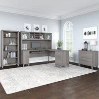 Bureau d'angle en L Somerset 72W avec huche, armoire et bibliothèque en gris
