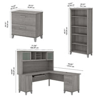 Bureau d'angle en L Somerset 72W avec huche, armoire et bibliothèque en gris