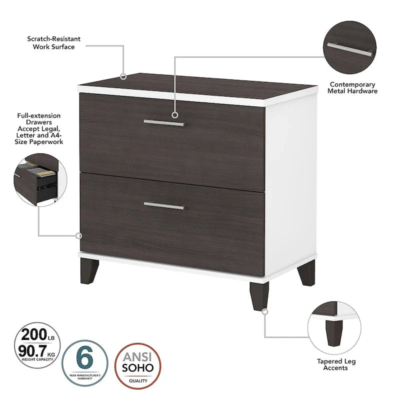 Bureau d'angle en L Somerset 72W avec huche, armoire et bibliothèque en gris