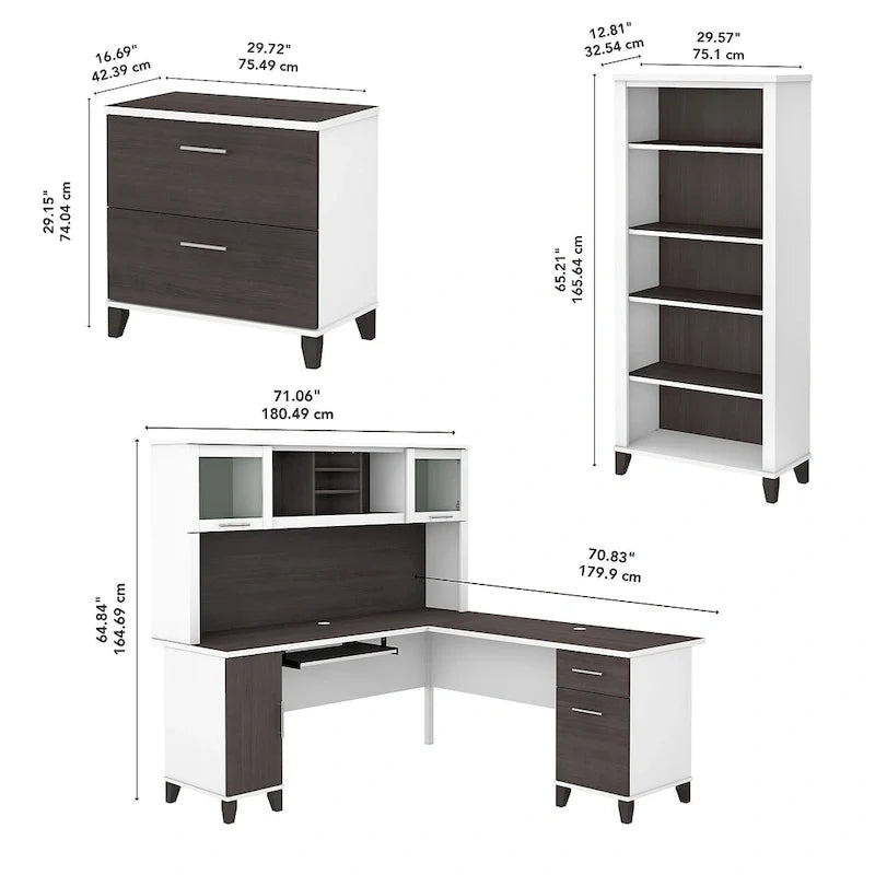 Bureau d'angle en L Somerset 72W avec huche, armoire et bibliothèque en gris