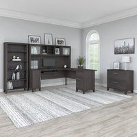 Bureau d'angle en L Somerset 72W avec huche, armoire et bibliothèque en gris