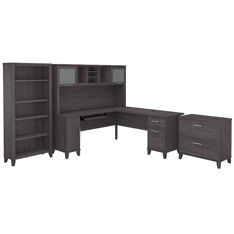 Bureau d'angle en L Somerset 72W avec huche, armoire et bibliothèque en gris