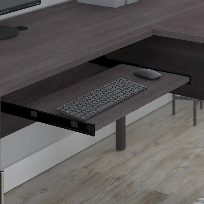Bureau d'angle en L Somerset 72W avec huche, armoire et bibliothèque en gris