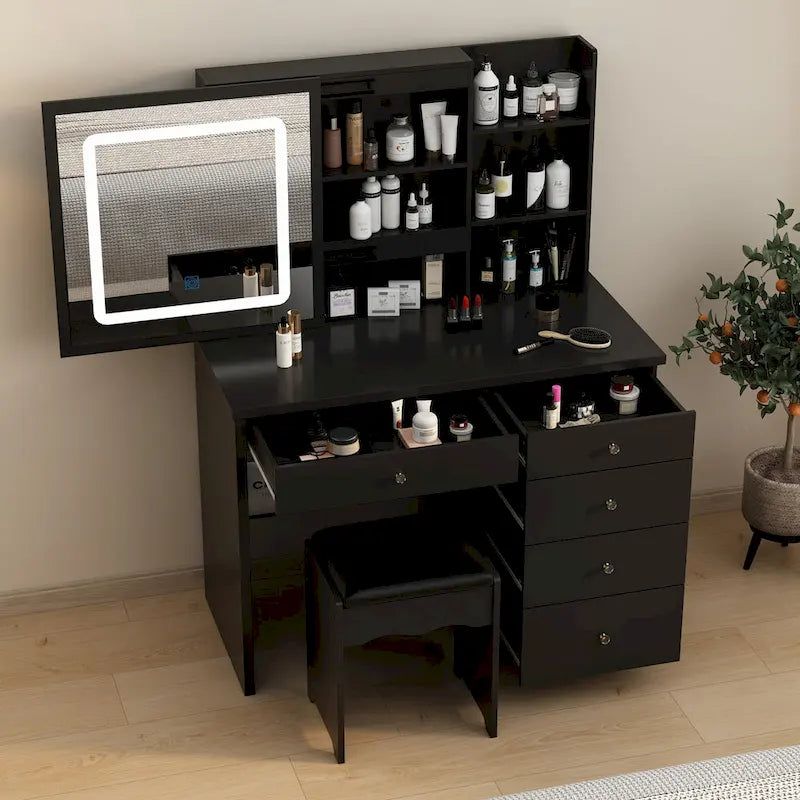 Ensemble coiffeuse de maquillage avec miroir à lumière trois couleurs et tabouret - N/A