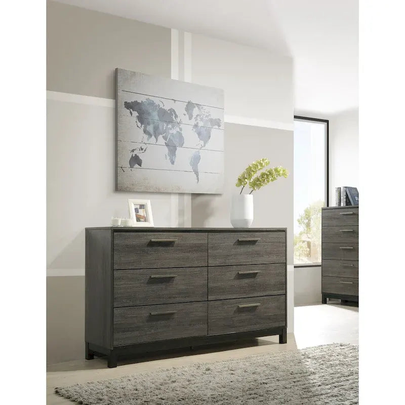 Roundhill Furniture Ioana 187 Ensemble de chambre en bois finition gris antique, lit King Size, commode, miroir, table de chevet