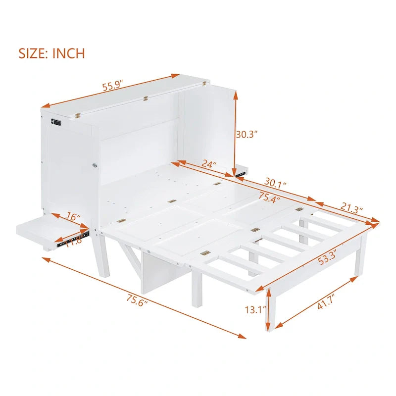 Lit escamotable format double avec bureau et port USB