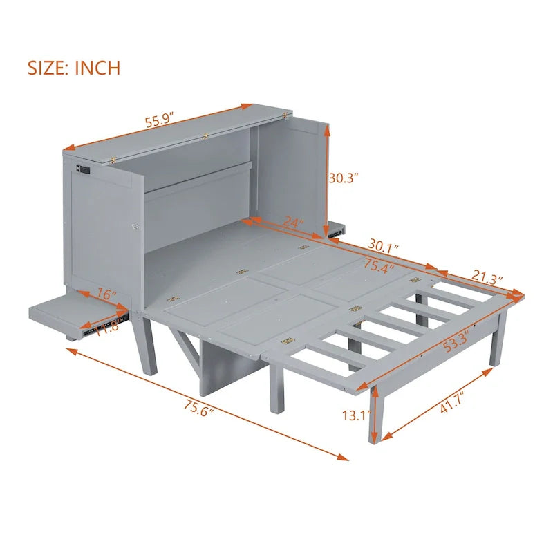 Lit escamotable format double avec bureau et port USB