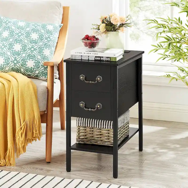 Table de chevet avec station de recharge, 2 ports USB et 2 prises de courant, table d'appoint haute avec 2 tiroirs et étagère de rangement