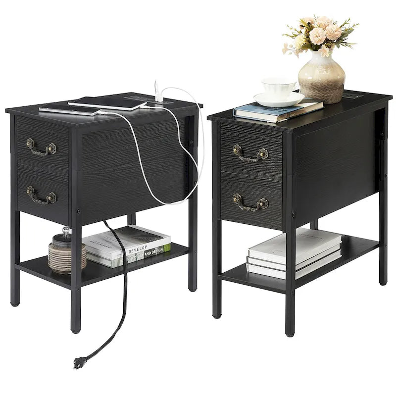Lot de 2 tables de chevet avec station de charge, 2 ports USB et 2 prises de courant, table d'appoint haute avec 2 tiroirs et étagère de rangement