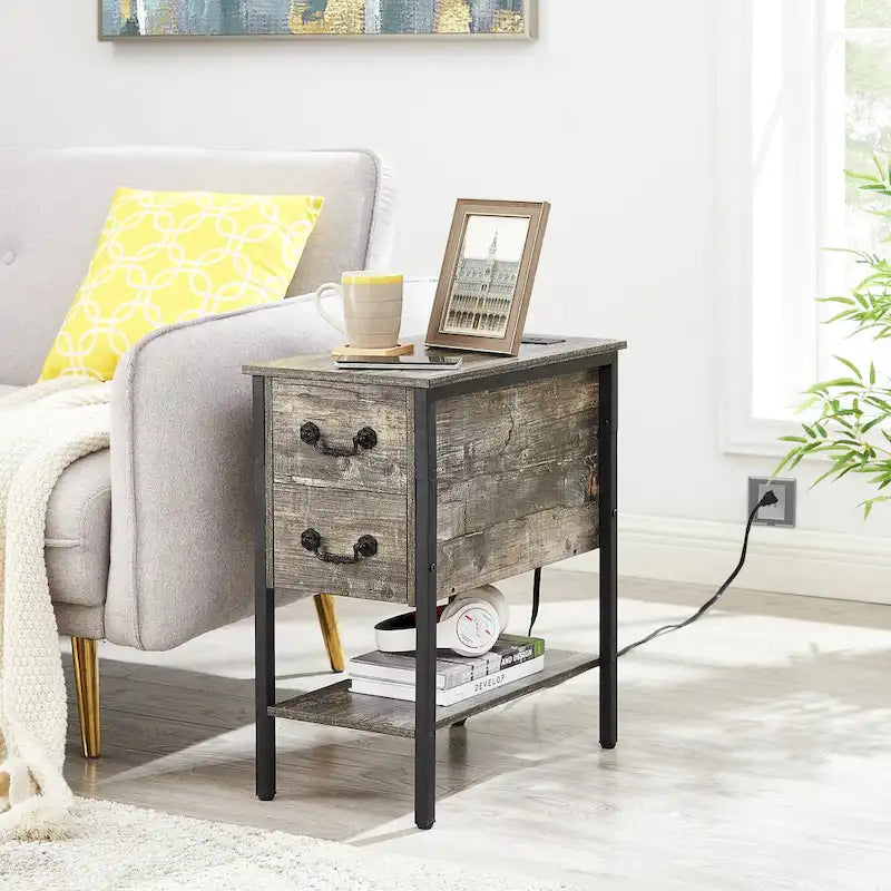 Lot de 2 tables de chevet avec station de recharge, 2 ports USB et 2 prises de courant, table d'appoint haute avec 2 tiroirs et étagère de rangement