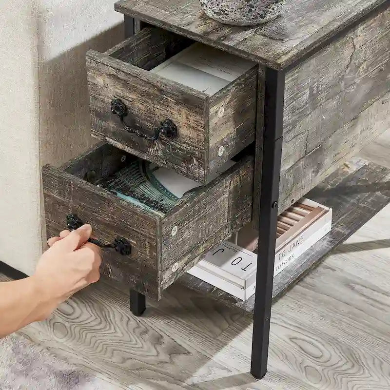 Lot de 2 tables de chevet avec station de recharge, 2 ports USB et 2 prises de courant, table d'appoint haute avec 2 tiroirs et étagère de rangement