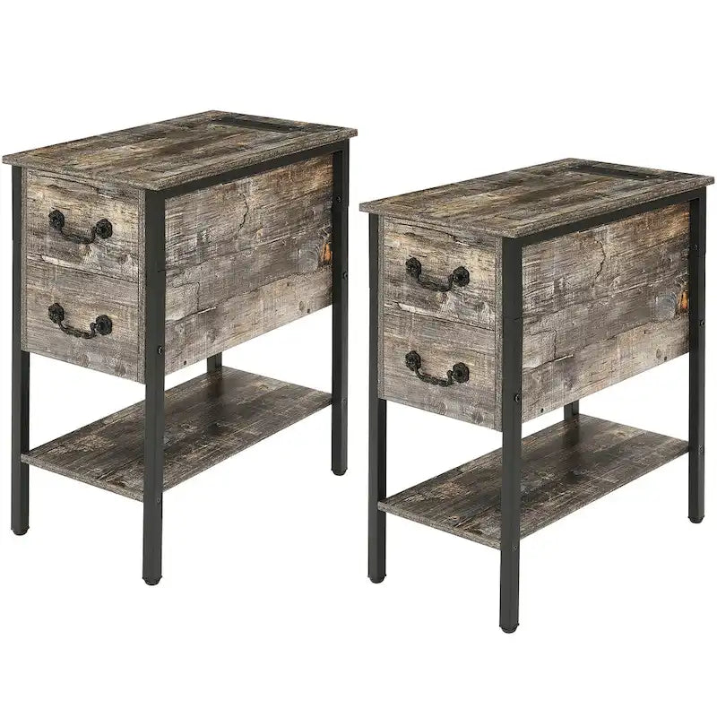 Lot de 2 tables de chevet avec station de recharge, 2 ports USB et 2 prises de courant, table d'appoint haute avec 2 tiroirs et étagère de rangement