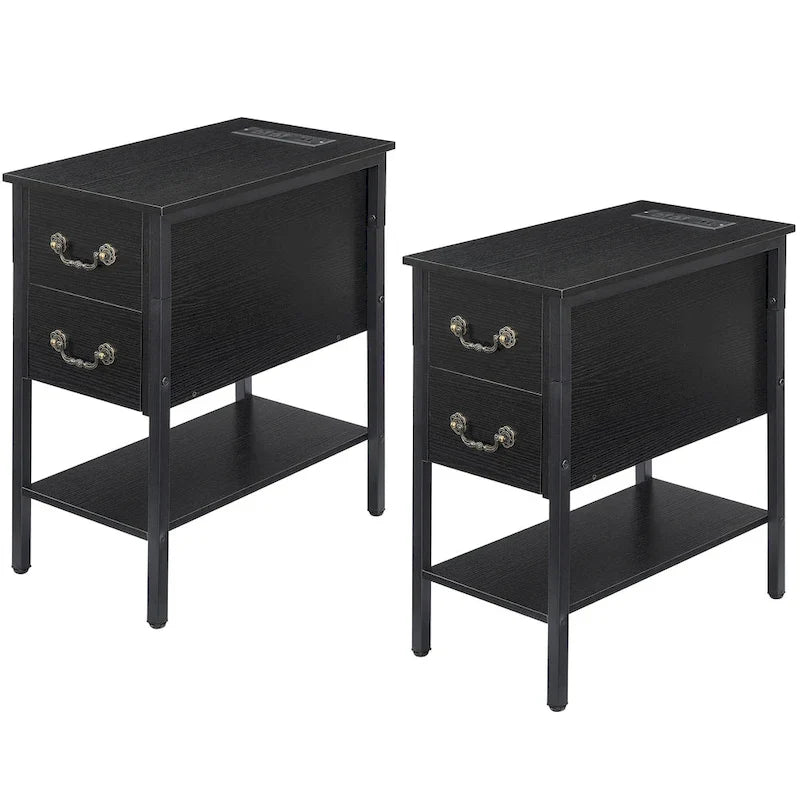 Lot de 2 tables de chevet avec station de recharge, 2 ports USB et 2 prises de courant, table d'appoint haute avec 2 tiroirs et étagère de rangement