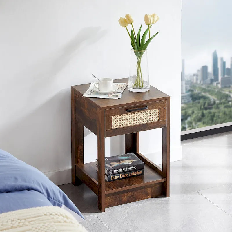 Table d'appoint en rotin de 15,75 po avec tiroir, table de chevet moderne, bout de canapé pour salon, chambre à coucher, naturelle
