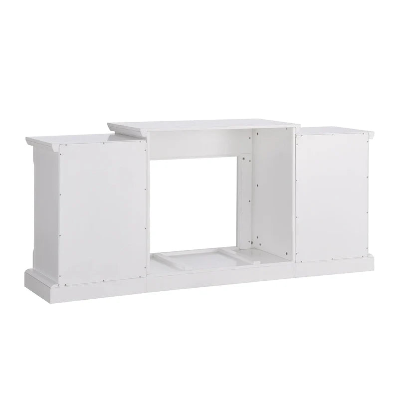 Cheminée électrique à LED avec télécommande, meuble-cheminée en pierre blanche et rangement SEI Furniture