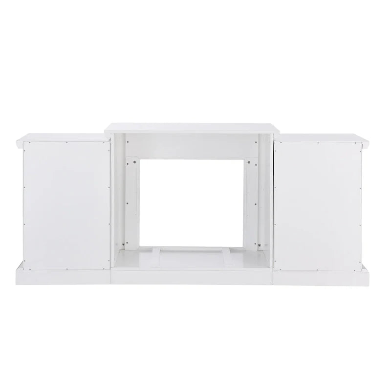 Cheminée électrique à LED avec télécommande, meuble-cheminée en pierre blanche et rangement SEI Furniture