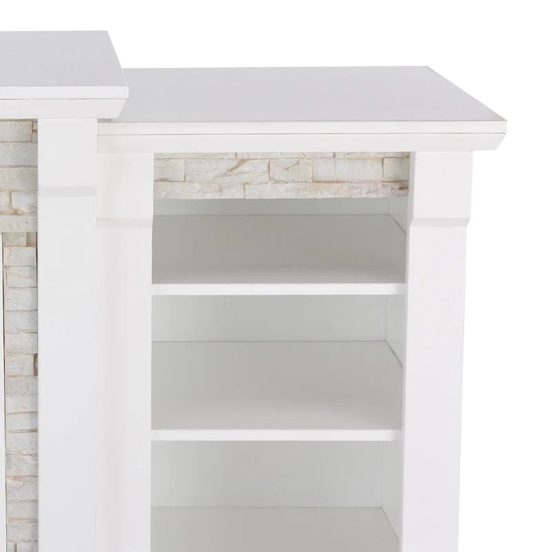 Cheminée électrique à LED avec télécommande, meuble-cheminée en pierre blanche et rangement SEI Furniture