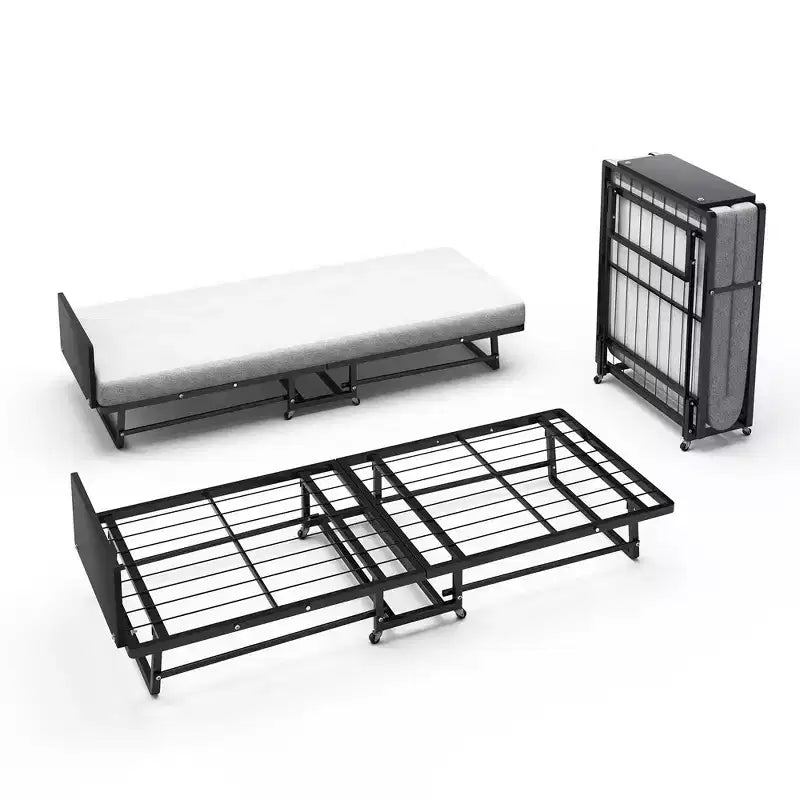 Lit pliant avec matelas, lit d'appoint portable avec 4 roues, 4 matelas en mousse et cadre en métal, lit d'appoint roulant de taille berceau peu encombrant pour chambre d'amis