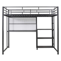 Lit mezzanine pleine grandeur avec bureau et tableau blanc, lit mezzanine en métal avec 3 étagères et échelle, noir