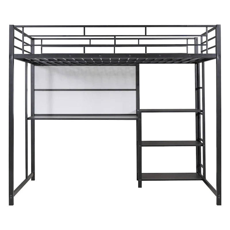 Lit mezzanine pleine grandeur avec bureau et tableau blanc, lit mezzanine en métal avec 3 étagères et échelle, noir