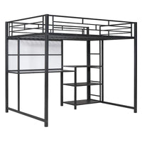 Lit mezzanine pleine grandeur avec bureau et tableau blanc, lit mezzanine en métal avec 3 étagères et échelle, noir