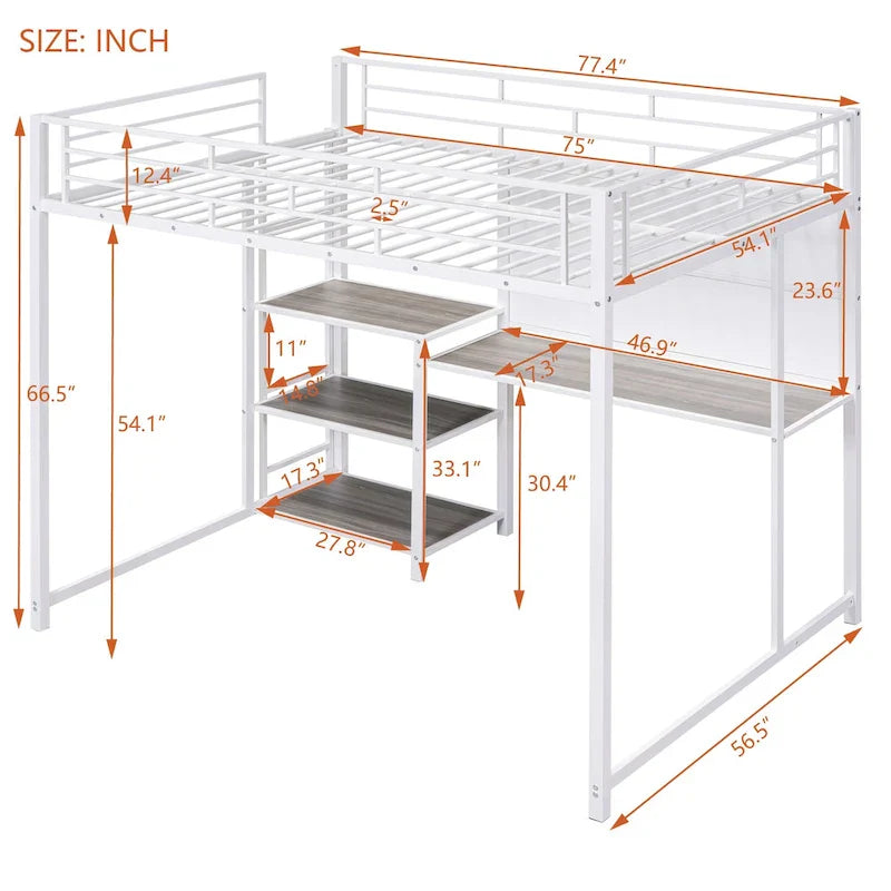 Lit mezzanine pleine grandeur avec bureau et tableau blanc, lit mezzanine en métal avec 3 étagères et échelle, noir