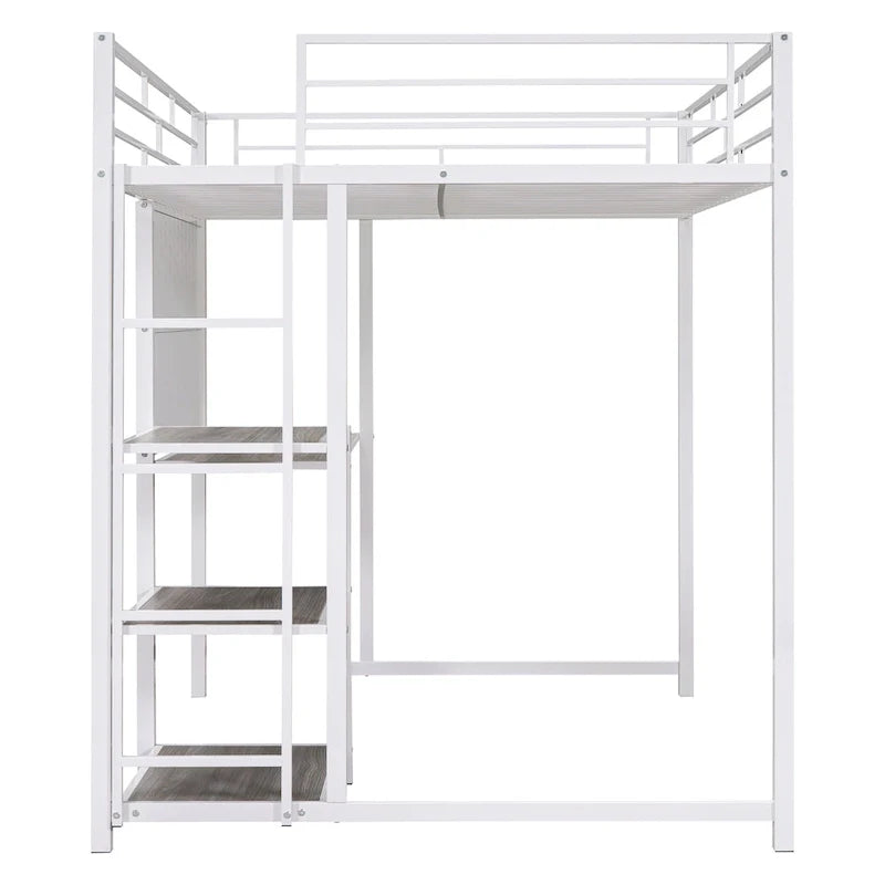 Lit mezzanine pleine grandeur avec bureau et tableau blanc, lit mezzanine en métal avec 3 étagères et échelle, noir