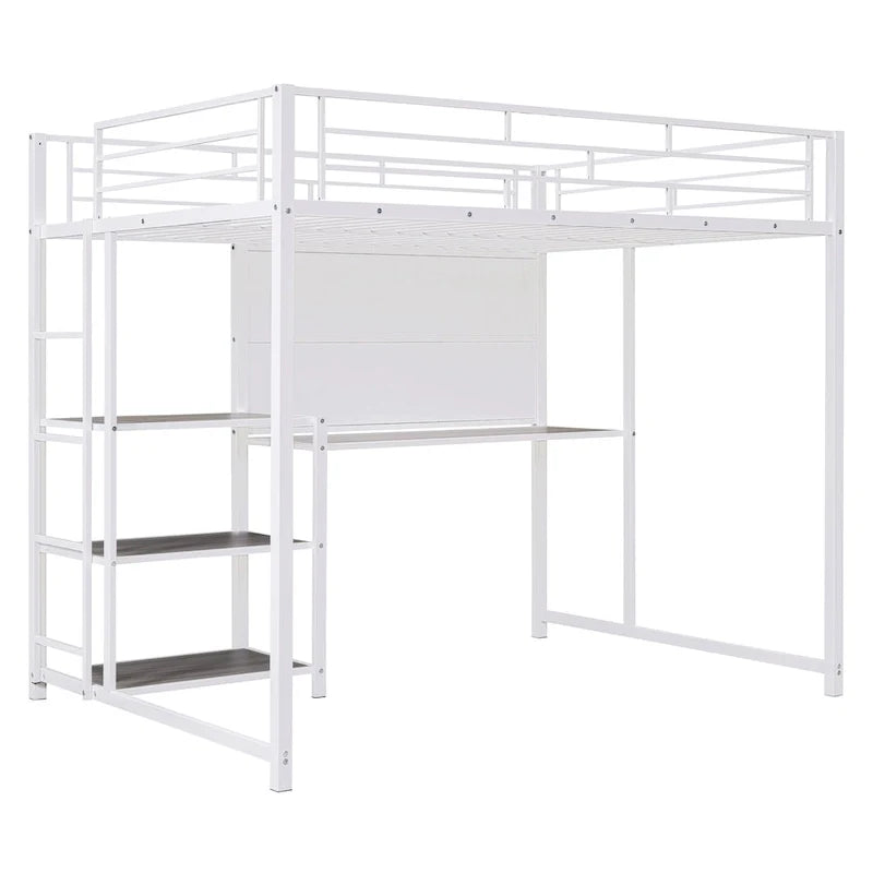 Lit mezzanine pleine grandeur avec bureau et tableau blanc, lit mezzanine en métal avec 3 étagères et échelle, noir