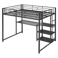 Lit mezzanine pleine grandeur avec bureau et tableau blanc, lit mezzanine en métal avec 3 étagères et échelle, noir