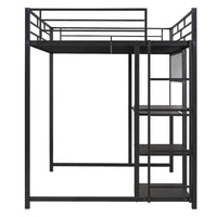 Lit mezzanine pleine grandeur avec bureau et tableau blanc, lit mezzanine en métal avec 3 étagères et échelle, noir