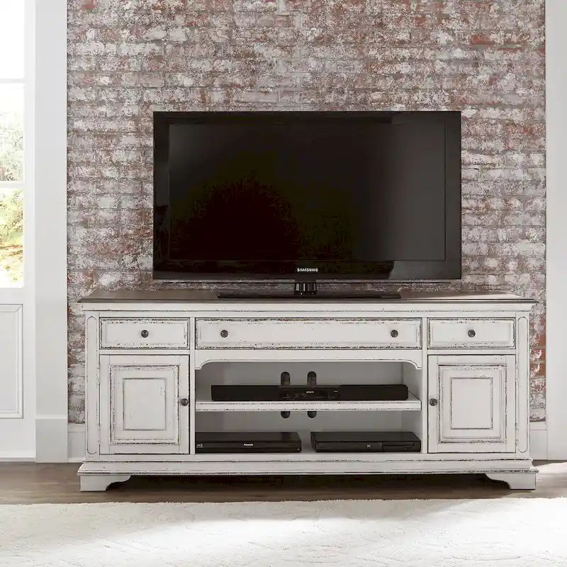 Meuble TV de divertissement Magnolia Manor blanc antique et écorce vieillie - 73 po de large