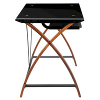 Bureau informatique d'angle en verre en forme de L avec tablette à clavier coulissante