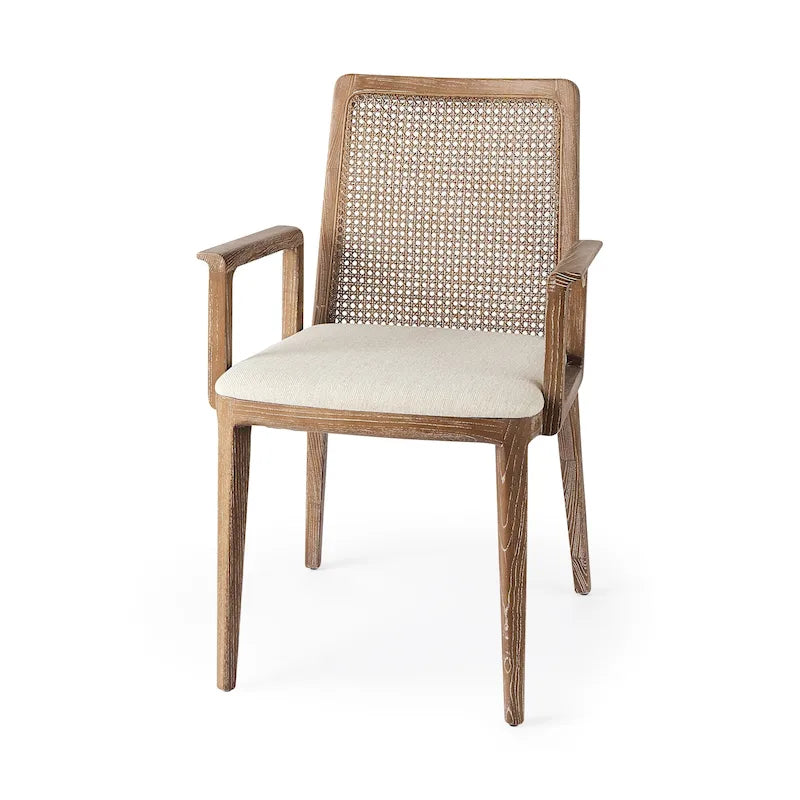 Chaise de salle à manger Clara à assise en tissu crème, dossier cannage et structure en bois massif brun clair