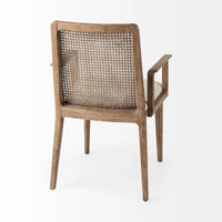 Chaise de salle à manger Clara à assise en tissu crème, dossier cannage et structure en bois massif brun clair