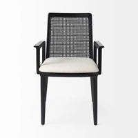 Chaise de salle à manger Clara à assise en tissu crème, dossier cannage et structure en bois massif brun clair