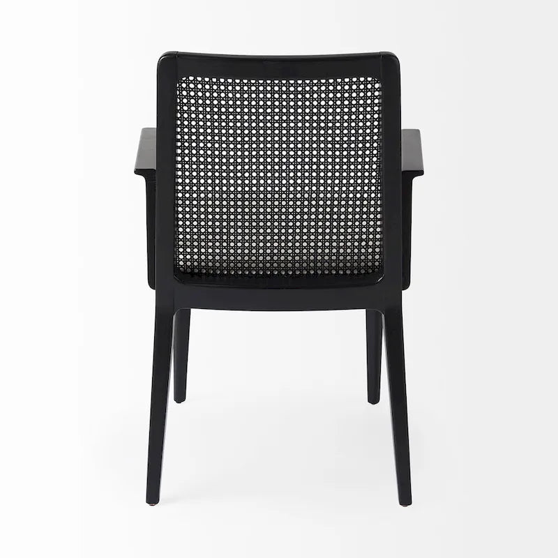 Chaise de salle à manger Clara à assise en tissu crème, dossier cannage et structure en bois massif brun clair