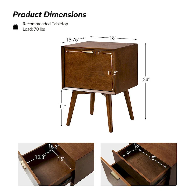 Table de chevet Isabel Mid-Century à 2 tiroirs en bois par HULALA HOME