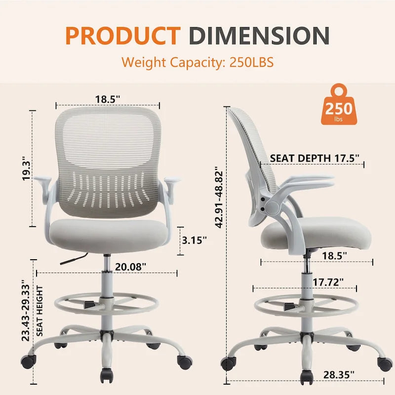 Chaise de bureau ergonomique haute de dessin avec accoudoirs rabattables