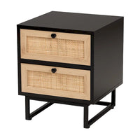 Table d'appoint à 2 tiroirs Baxton Studio Declan de style moderne du milieu du siècle en bois finition brun expresso et rotin naturel