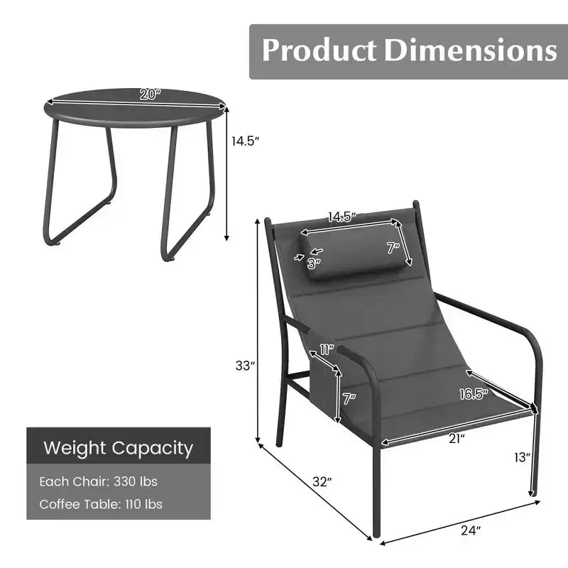 Costway Ensemble Bistro d'extérieur 3 pièces, Tissu d'assise Respirant et Appui-tête Confortable en Métal pour Jardin