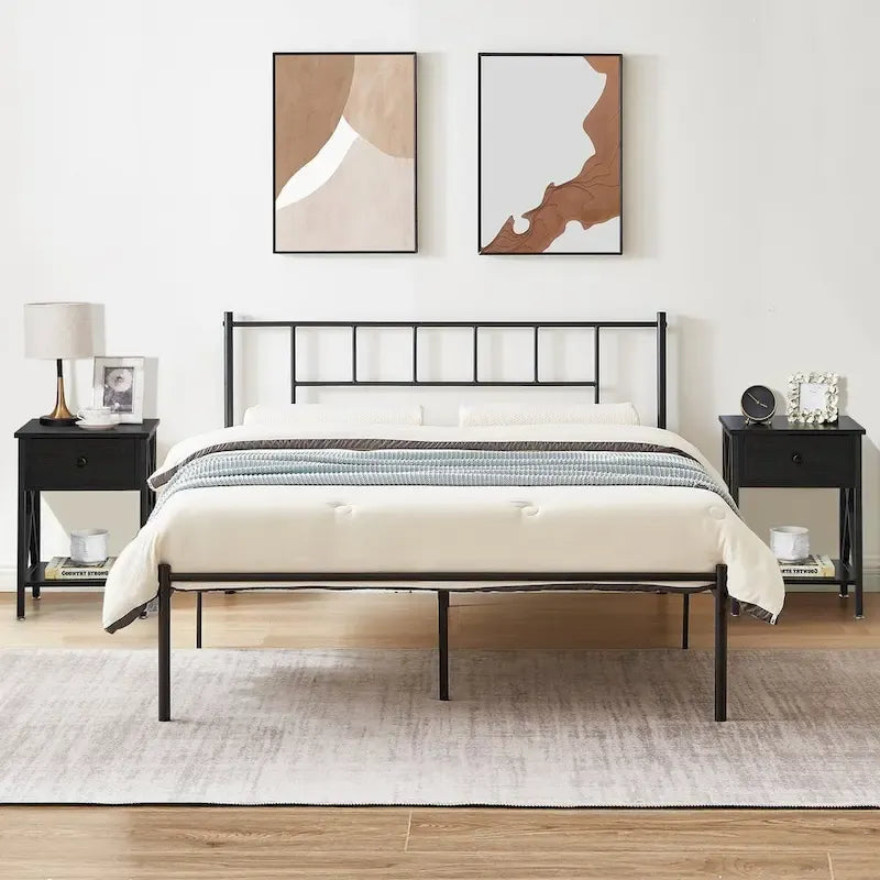 Ensemble cadre de lit 3 pièces VECELO avec tête de lit en bois et tables de chevet modernes, lot de 2