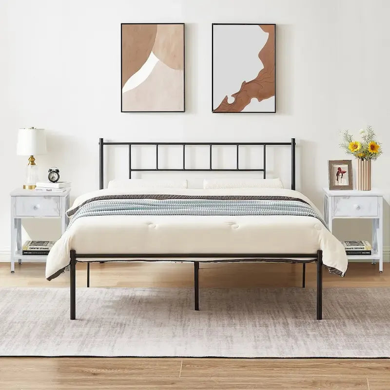 Ensemble cadre de lit 3 pièces VECELO avec tête de lit en bois et tables de chevet modernes, lot de 2