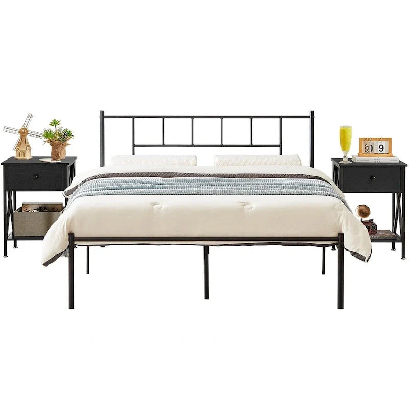 Ensemble cadre de lit 3 pièces VECELO avec tête de lit en bois et tables de chevet modernes, lot de 2