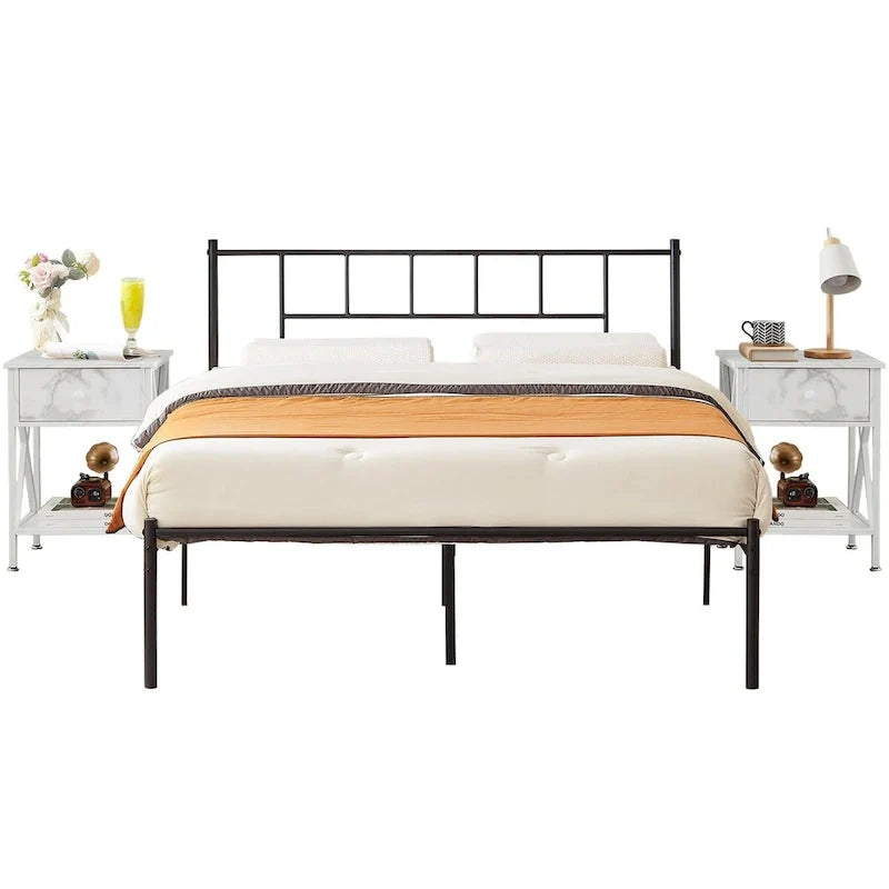 Ensemble cadre de lit 3 pièces VECELO avec tête de lit en bois et tables de chevet modernes, lot de 2