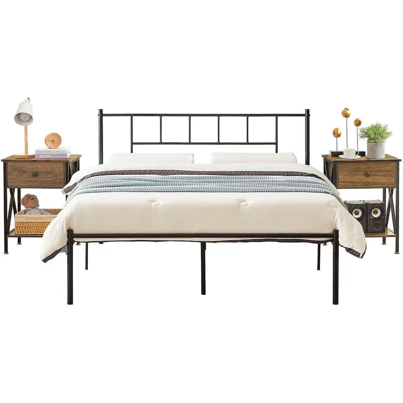 Ensemble cadre de lit 3 pièces VECELO avec tête de lit en bois et tables de chevet modernes, lot de 2