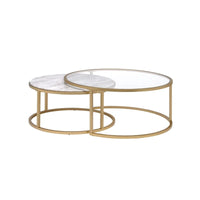 Tables basses gigognes à cadre métallique avec plateaux en verre et marbre, lot de deux, doré - 15,75 H x 36 L x 36 P pouces