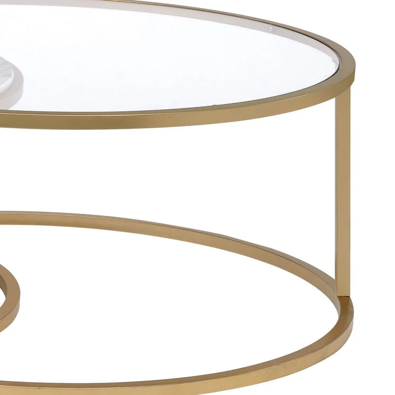 Tables basses gigognes à cadre métallique avec plateaux en verre et marbre, lot de deux, doré - 15,75 H x 36 L x 36 P pouces